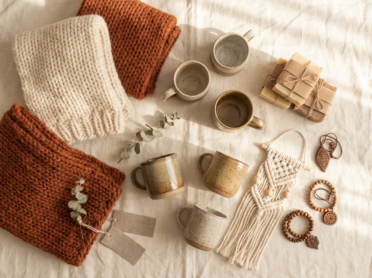 Handgemaakte keramiek, wol en macramé materiaal op tafel