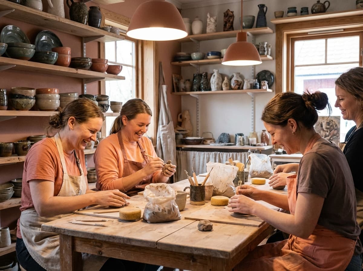 Deelnemers tijdens een gezellige keramiekworkshop